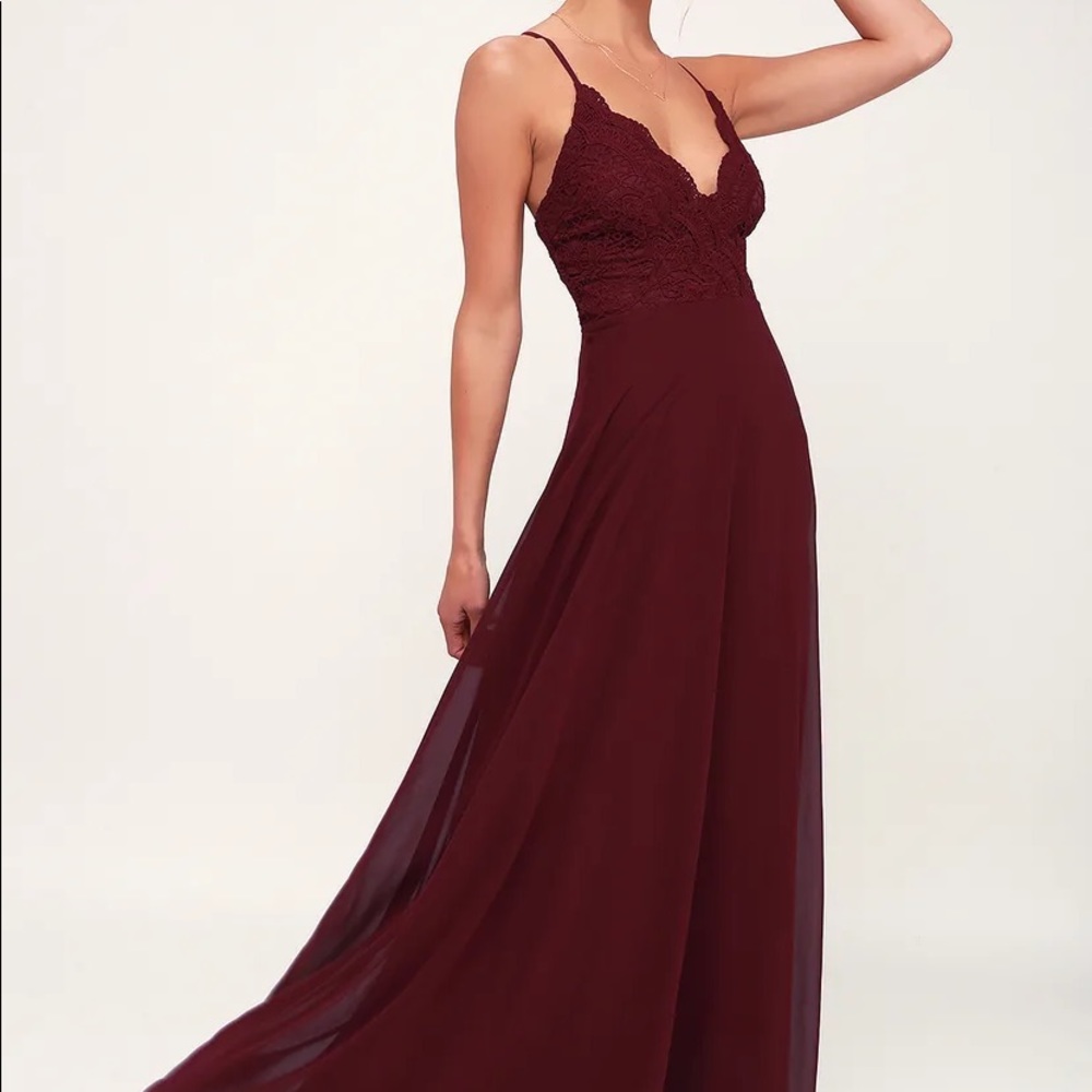 NWOT Lulus Madalyn Burgundy Lace Maxi Dress